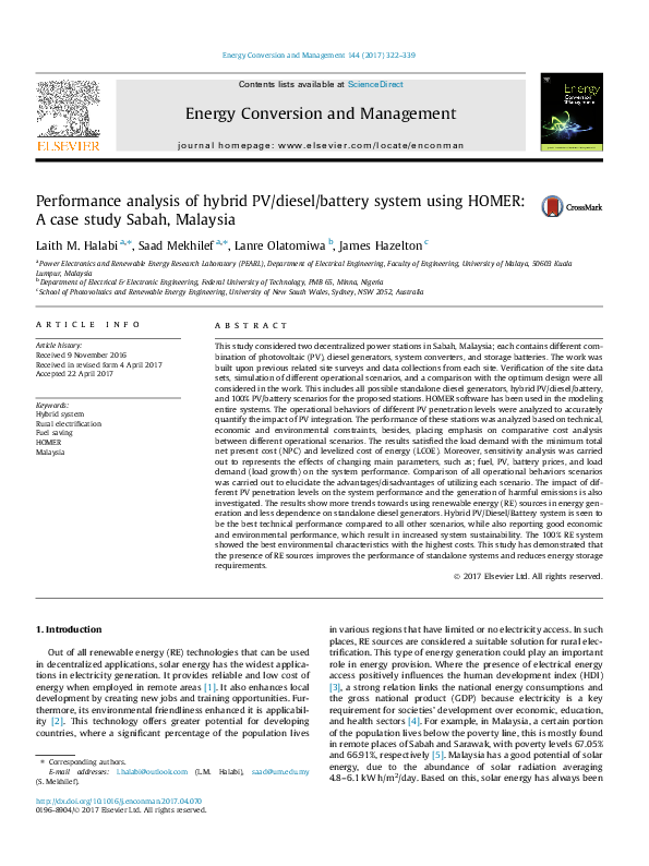 (PDF) Performance analysis of hybrid PV/diesel/battery system using ...