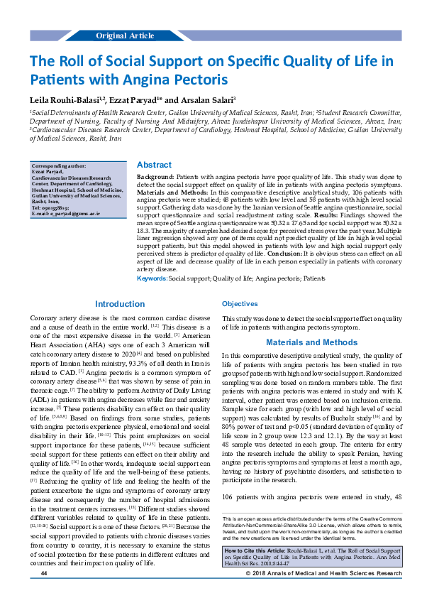 (PDF) The Roll of Social Support on Specific Quality of Life in ...