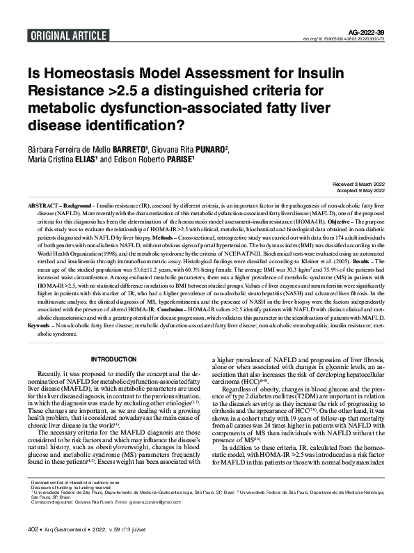 (PDF) Is Homeostasis Model Assessment for Insulin Resistance >2.5 a ...