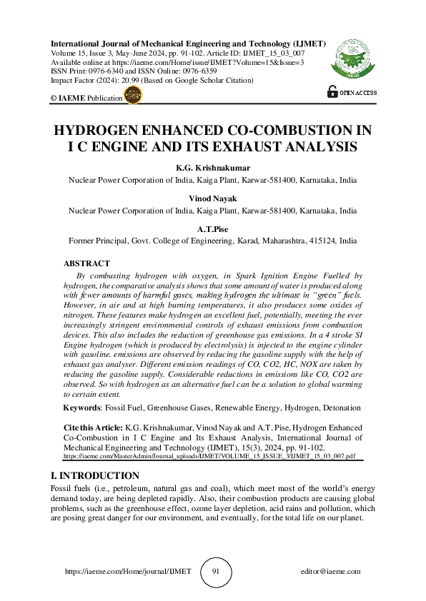 (PDF) HYDROGEN ENHANCED CO-COMBUSTION IN I C ENGINE AND ITS EXHAUST ...