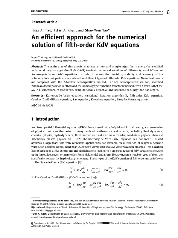 (PDF) An efficient approach for the numerical solution of fifth-order ...