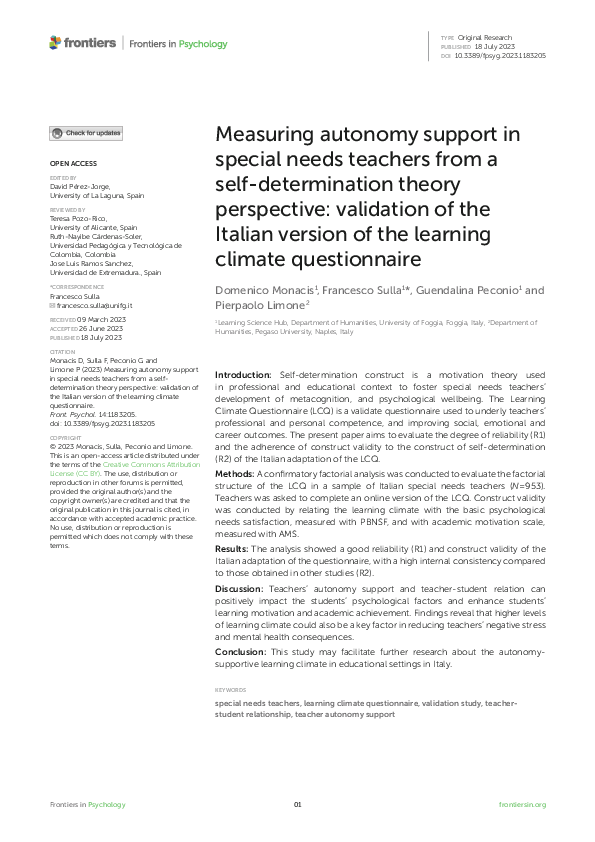 (PDF) Measuring autonomy support in special needs teachers from a self ...