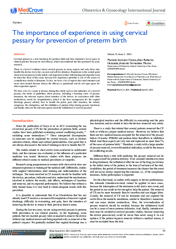 (PDF) The importance of experience in using cervical pessary for ...