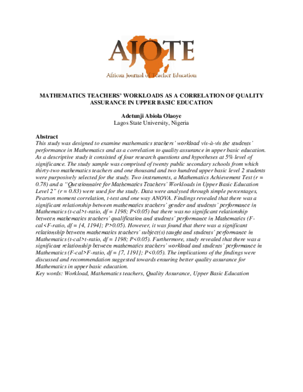 (PDF) Mathematics Teachers' Workloads as a Correlation of Quality ...