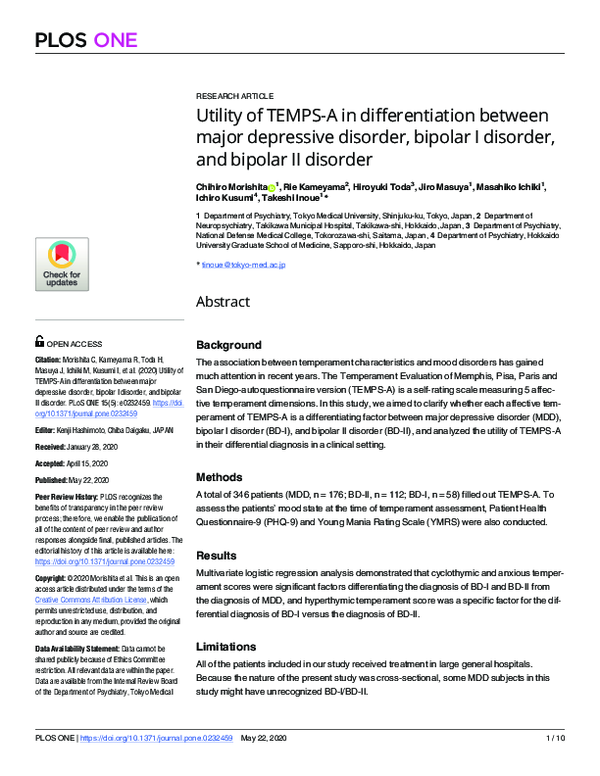 (PDF) Utility of TEMPS-A in differentiation between major depressive ...