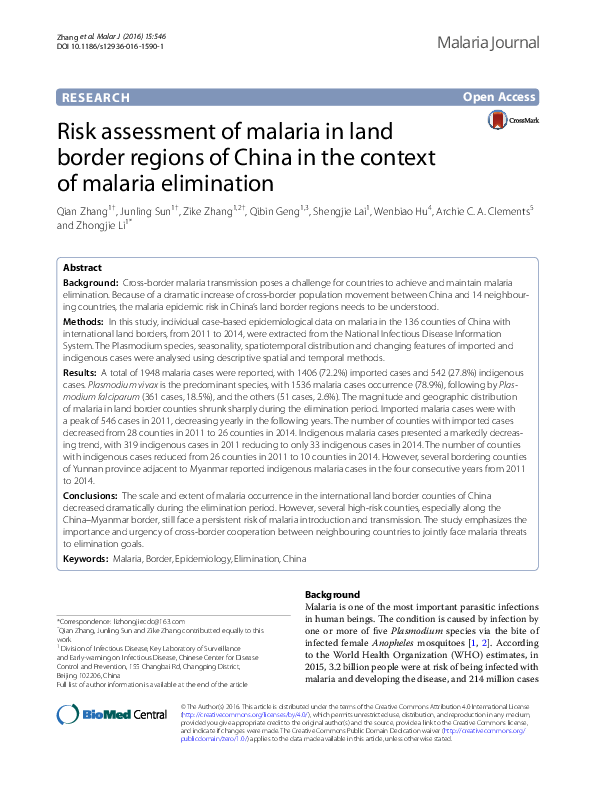 (PDF) Risk assessment of malaria in land border regions of China in the ...