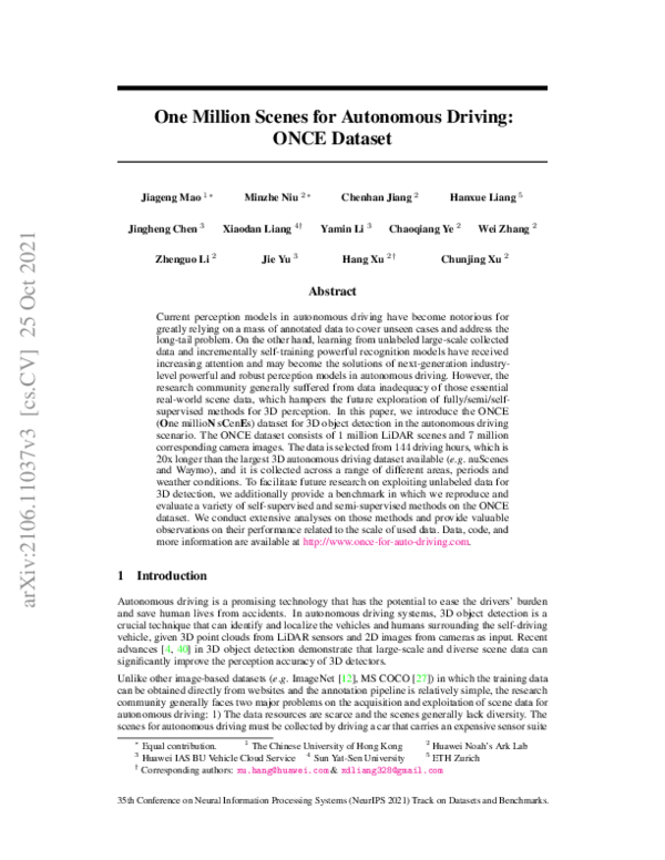 (PDF) One Million Scenes for Autonomous Driving: ONCE Dataset