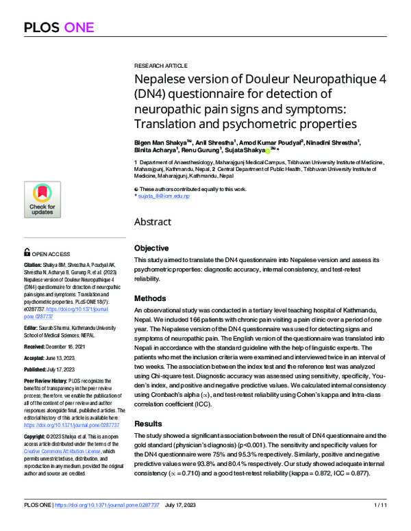 (PDF) Nepalese version of Douleur Neuropathique 4 (DN4) questionnaire ...