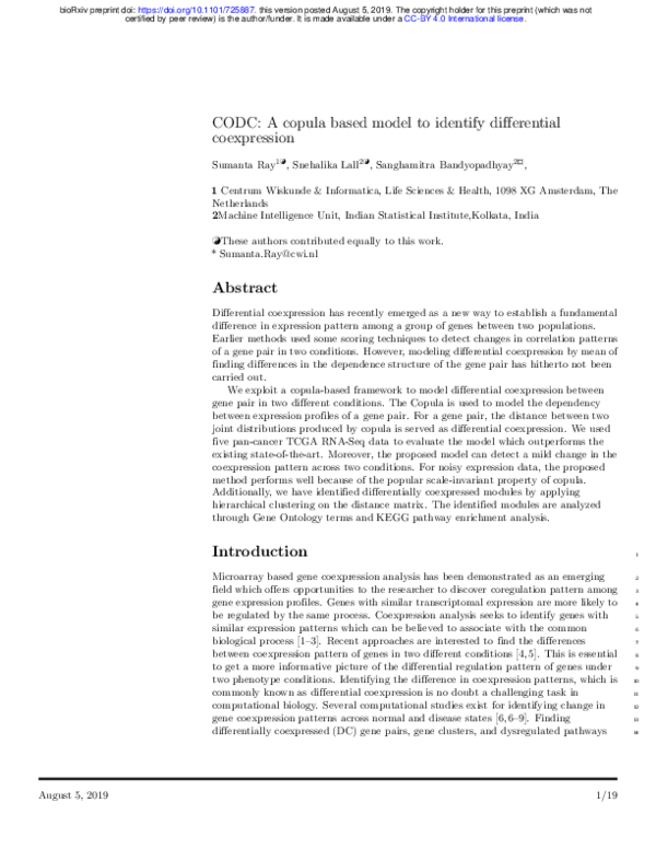 (PDF) CODC: A copula based model to identify differential coexpression