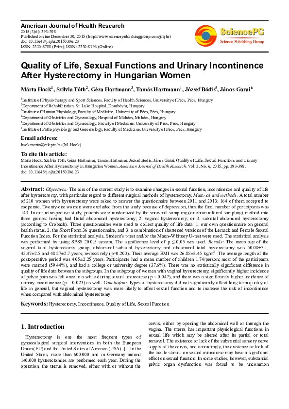 (PDF) Quality of Life, Sexual Functions and Urinary Incontinence After ...