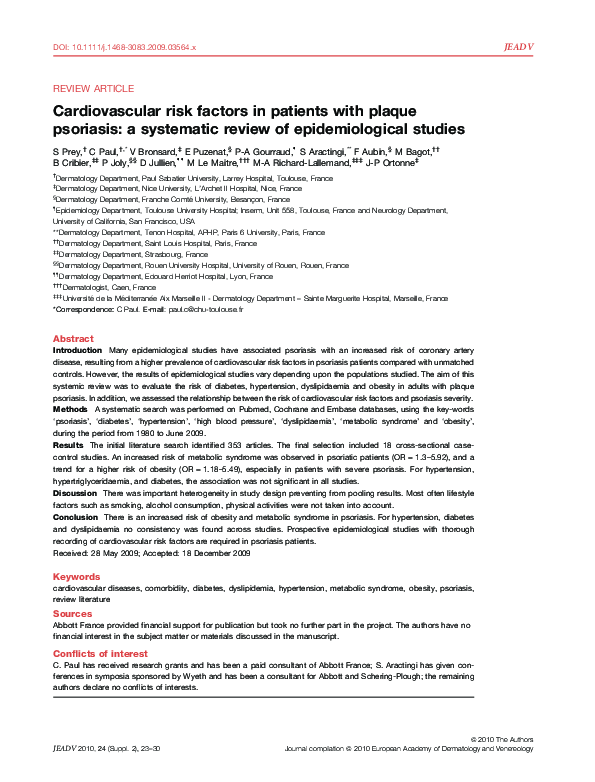 (PDF) Cardiovascular risk factors in patients with plaque psoriasis: a ...