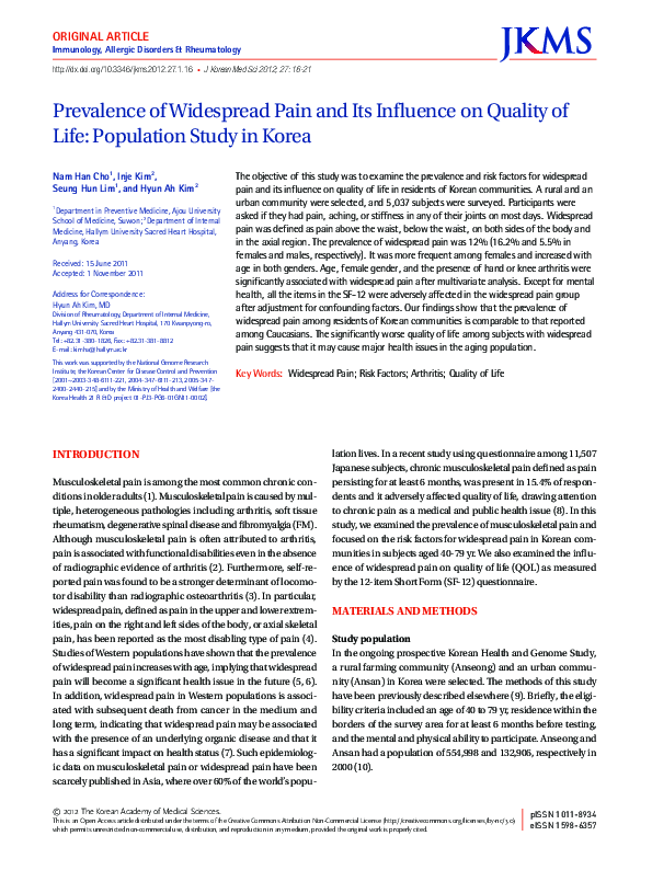 (PDF) Prevalence of widespread pain and its influence on quality of ...