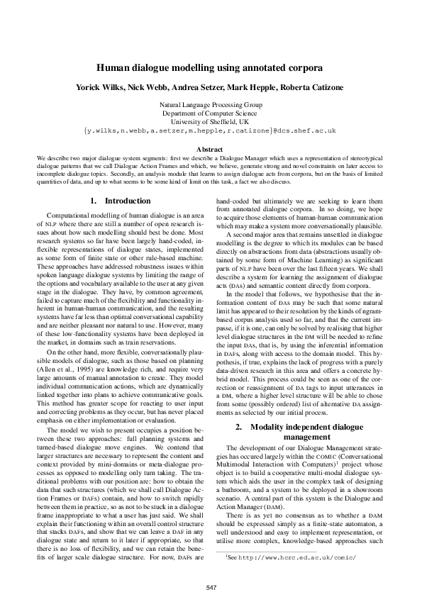 (PDF) Human dialogue modelling using machine learning