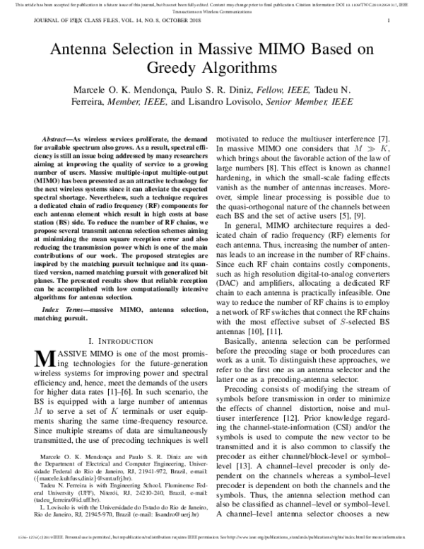 (PDF) Antenna Selection in Massive MIMO Based on Greedy Algorithms