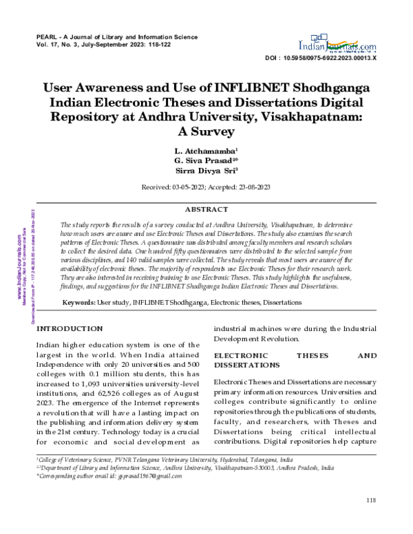 (PDF) User Awareness and Use of INFLIBNET Shodhganga Indian Electronic ...