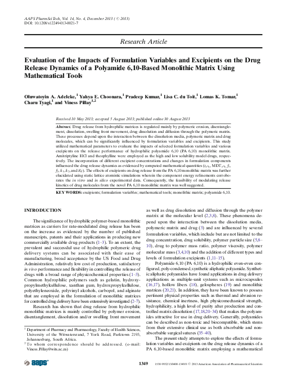 (PDF) Evaluation of the Impacts of Formulation Variables and Excipients ...