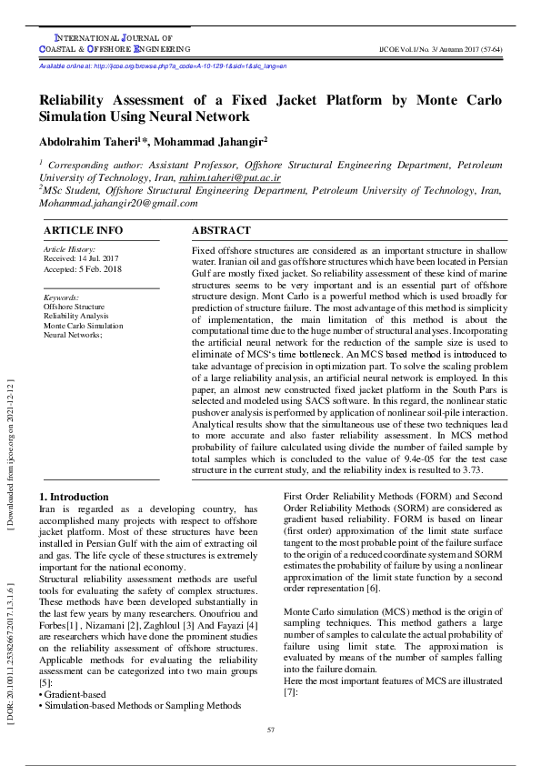 (PDF) Reliability Assessment of a Fixed Jacket Platform by Monte Carlo ...