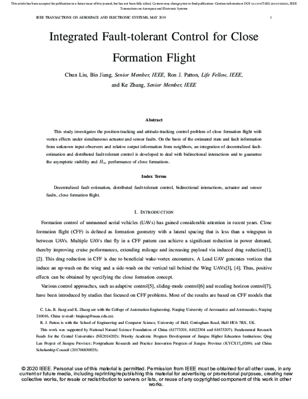 (PDF) Integrated Fault-Tolerant Control for Close Formation Flight