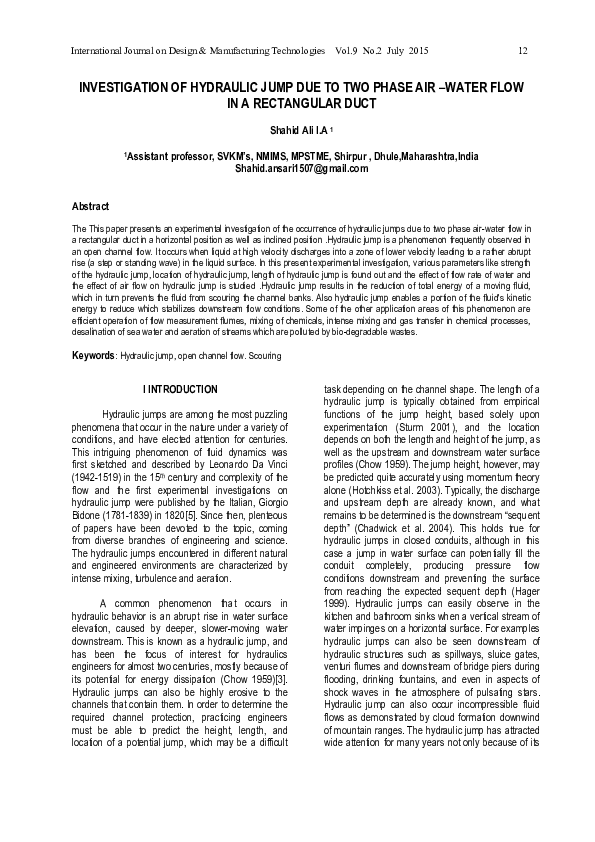(PDF) Investigation of Hydraulic Jump Due to Two Phase Air -Water Flow ...