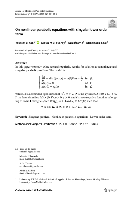 (PDF) On nonlinear parabolic equations with singular lower order term
