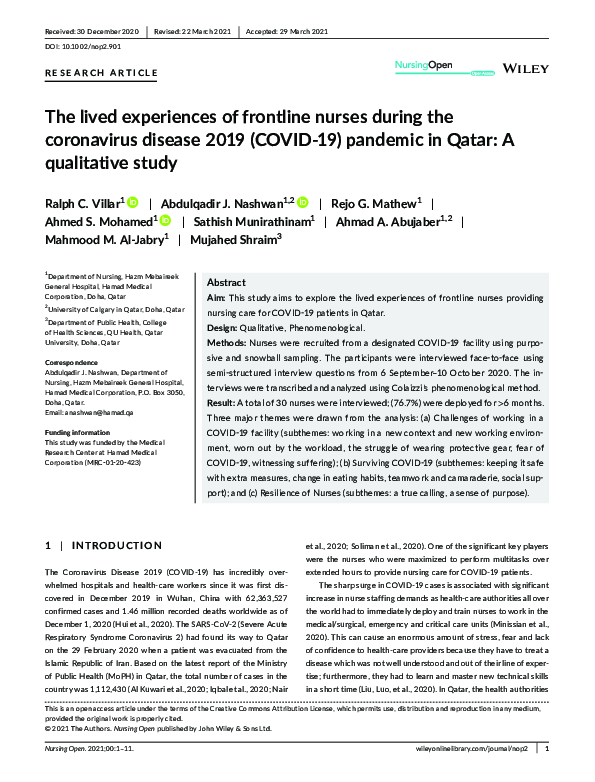 (PDF) The lived experiences of frontline nurses during the coronavirus ...