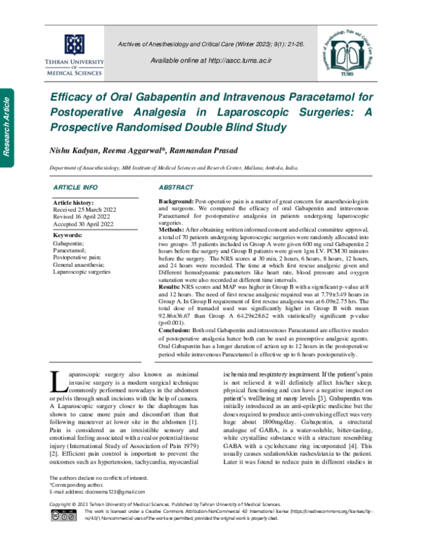(PDF) Efficacy of Oral Gabapentin and Intravenous Paracetamol for ...