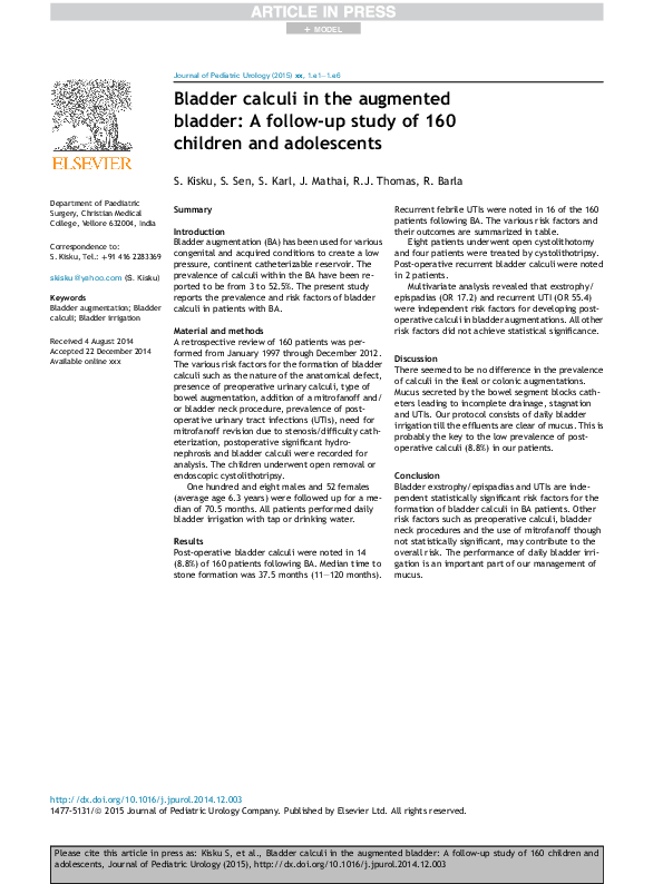 (PDF) Bladder calculi in the augmented bladder: A follow-up study of ...