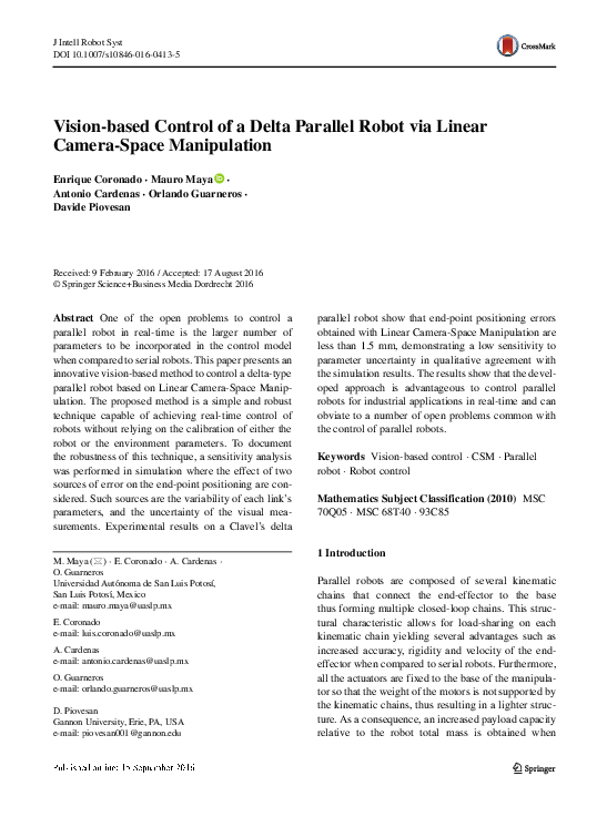 (PDF) Vision-based Control of a Delta Parallel Robot via Linear Camera ...