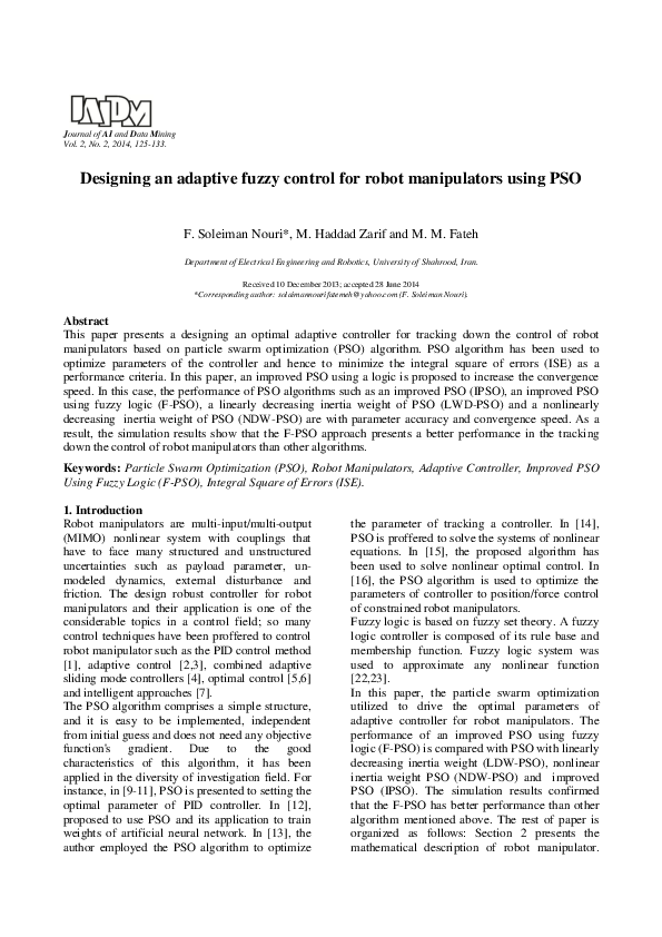 (PDF) Designing an adaptive fuzzy control for robot manipulators using PSO