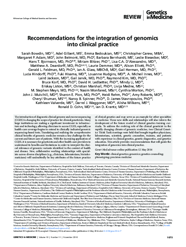 (PDF) Recommendations for the integration of genomics into clinical ...