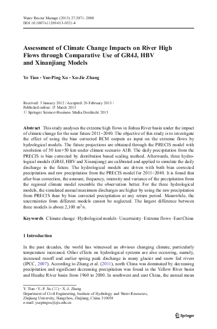 (PDF) Assessment of Climate Change Impacts on River High Flows through ...