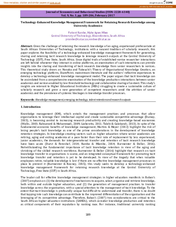 (PDF) Technology-Enhanced Knowledge Management Framework for Retaining ...