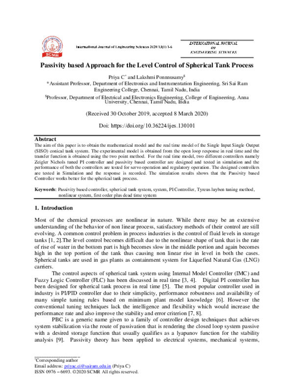 (PDF) Passivity based Approach for the Level Control of Spherical Tank ...