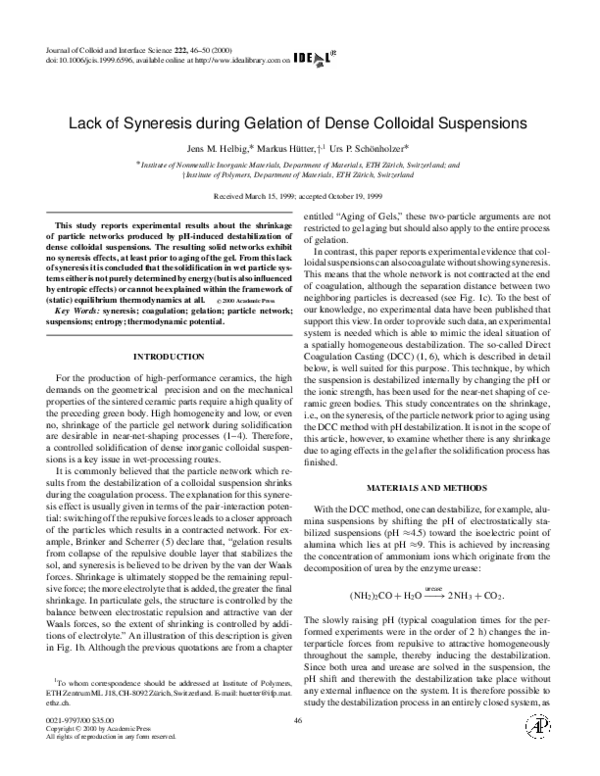 (PDF) Lack of Syneresis during Gelation of Dense Colloidal Suspensions