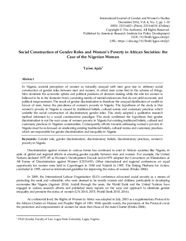 (PDF) Social Construction of Gender Roles and Women’s Poverty in ...