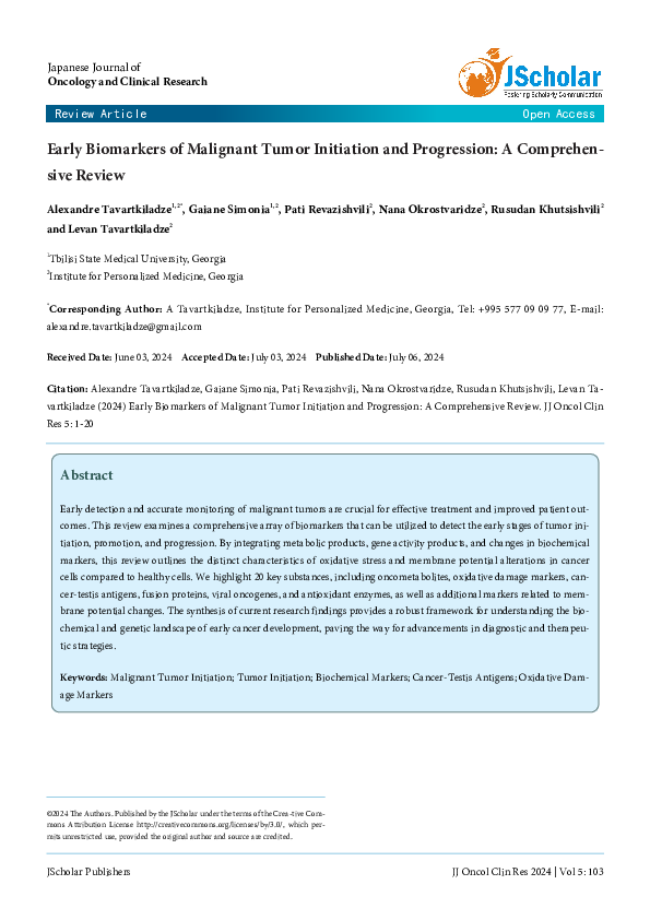 (PDF) Early Biomarkers of Malignant Tumor Initiation and Progression: A ...