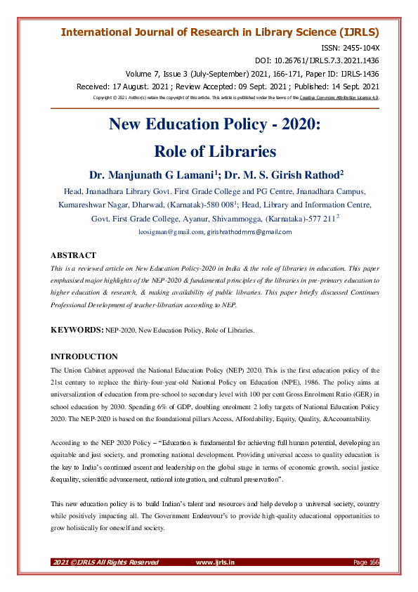 (PDF) New Education Policy - 2020: Role of Libraries