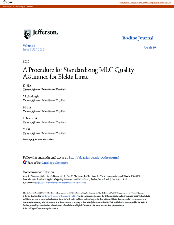 (PDF) A Procedure for Standardizing MLC Quality Assurance for Elekta Linac