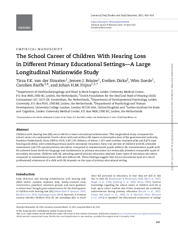 (PDF) The School Career of Children With Hearing Loss in Different ...