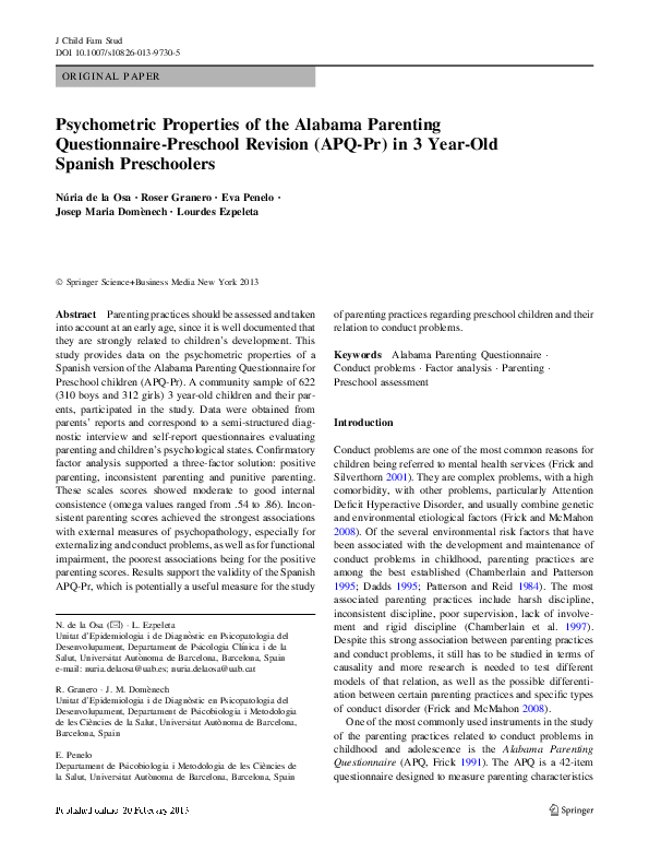 (PDF) Psychometric Properties of the Alabama Parenting Questionnaire