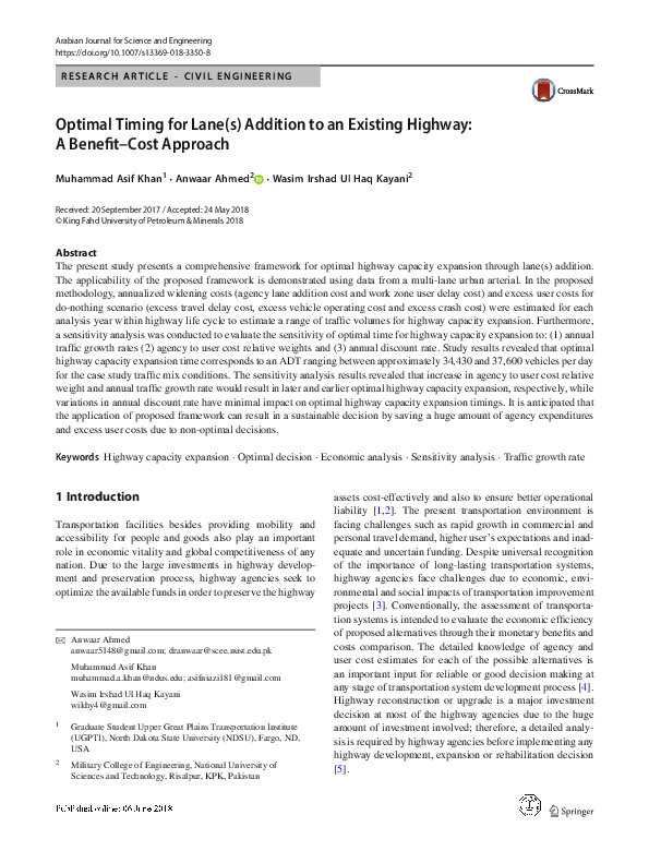 (PDF) Optimal Timing for Lane(s) Addition to an Existing Highway: A ...