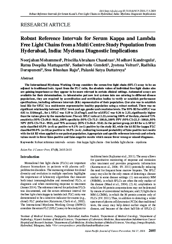 (PDF) Robust Reference Intervals for Serum Kappa and Lambda Free Light ...