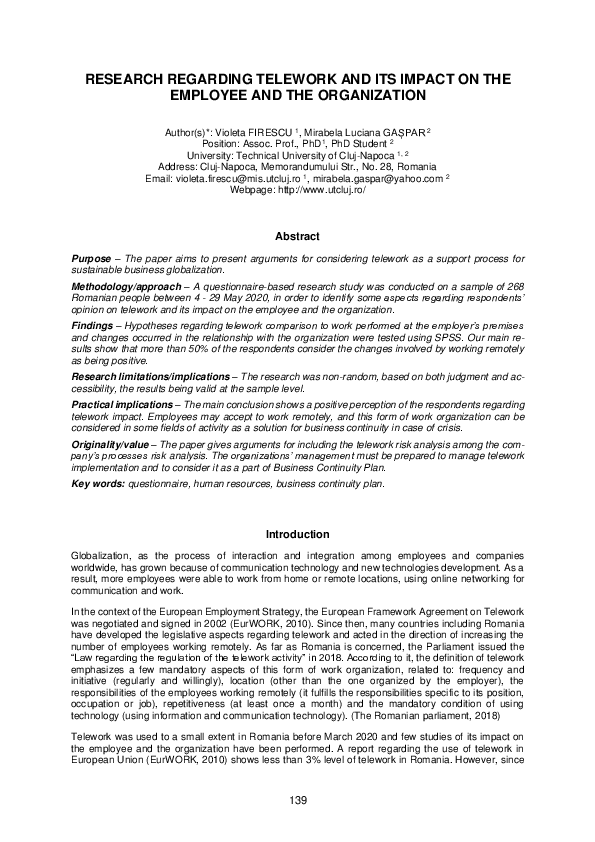 (PDF) Research Regarding Telework and Its Impact on the Employee and ...