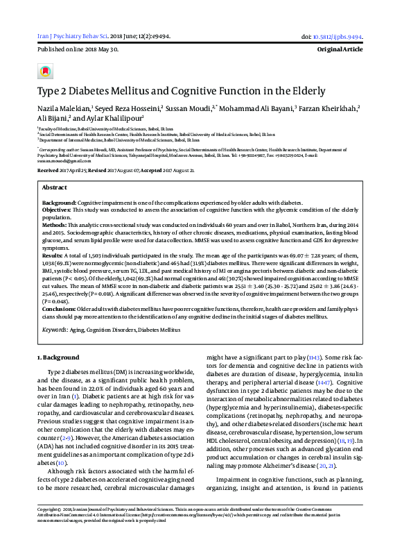 (PDF) Type 2 Diabetes Mellitus and Cognitive Function in the Elderly