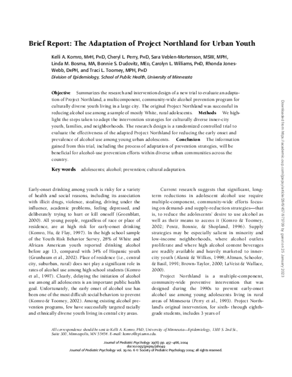 (PDF) Brief Report: The Adaptation of Project Northland for Urban Youth