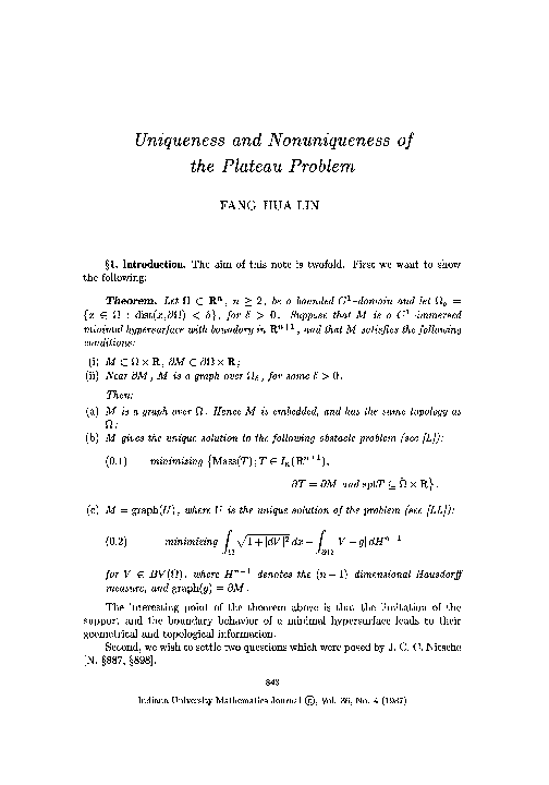 (PDF) Uniqueness and nonuniqueness of the plateau problem