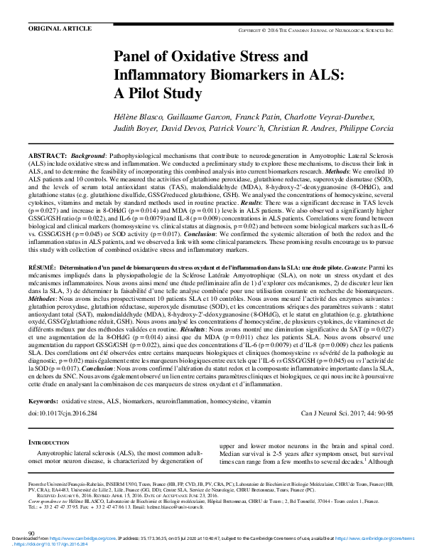 (PDF) Panel of Oxidative Stress and Inflammatory Biomarkers in ALS: A ...