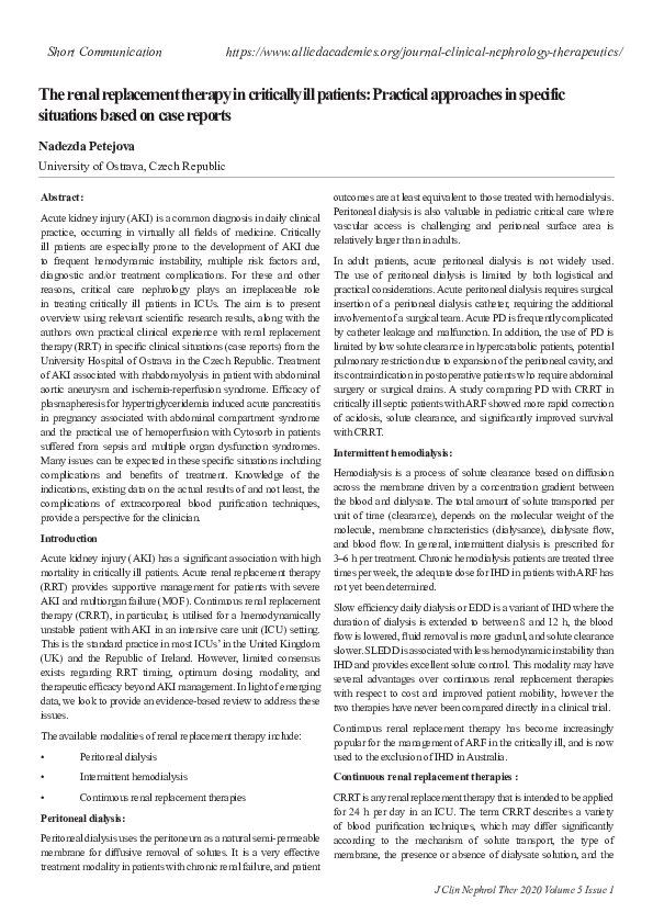 (PDF) The renal replacement therapy in critically ill patients ...