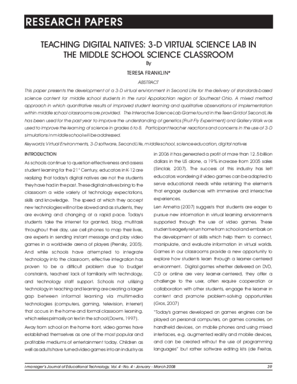 (PDF) Teaching Digital Natives: 3-D Virtual Science Lab In The Middle ...