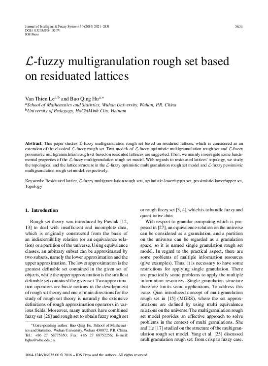 (PDF) L -fuzzy multigranulation rough set based on residuated lattices